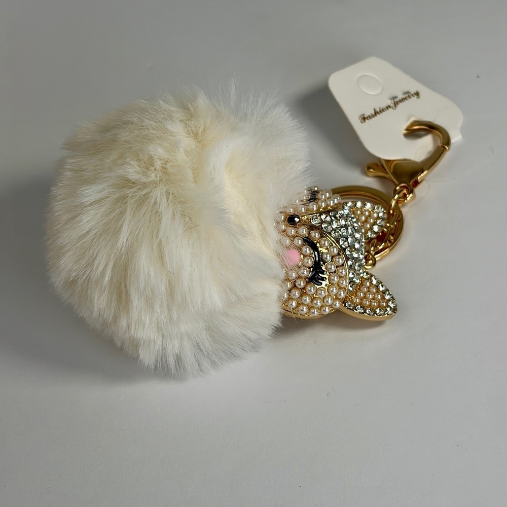 Sparkly Fox Keychain Pearl Rhinestone Faux‎ Fur Pom Pom Bag Charm Coquette Boho - Picture 3 of 6